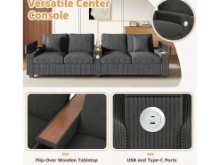 Sofá moderno de 4 plazas - 299 x 80 x 82,7 cm - con puerto USB, reposabrazos abatible y almacenamiento oculto - terciopelo - gris