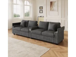 Sofá moderno de 4 plazas - 299 x 80 x 82,7 cm - con puerto USB, reposabrazos abatible y almacenamiento oculto - terciopelo - gris