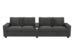Sofá moderno de 4 plazas - 299 x 80 x 82,7 cm - con puerto USB, reposabrazos abatible y almacenamiento oculto - terciopelo - gris