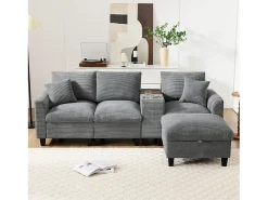 Sofá moderno de 4 plazas con reposapiés con almacenaje, 2 portavasos y puerto USB. Medidas: 229 x 149,5 x 83 cm. Tapizado en terciopelo gris.