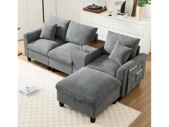 Sofá moderno de 4 plazas con reposapiés con almacenaje, 2 portavasos y puerto USB. Medidas: 229 x 149,5 x 83 cm. Tapizado en terciopelo gris.