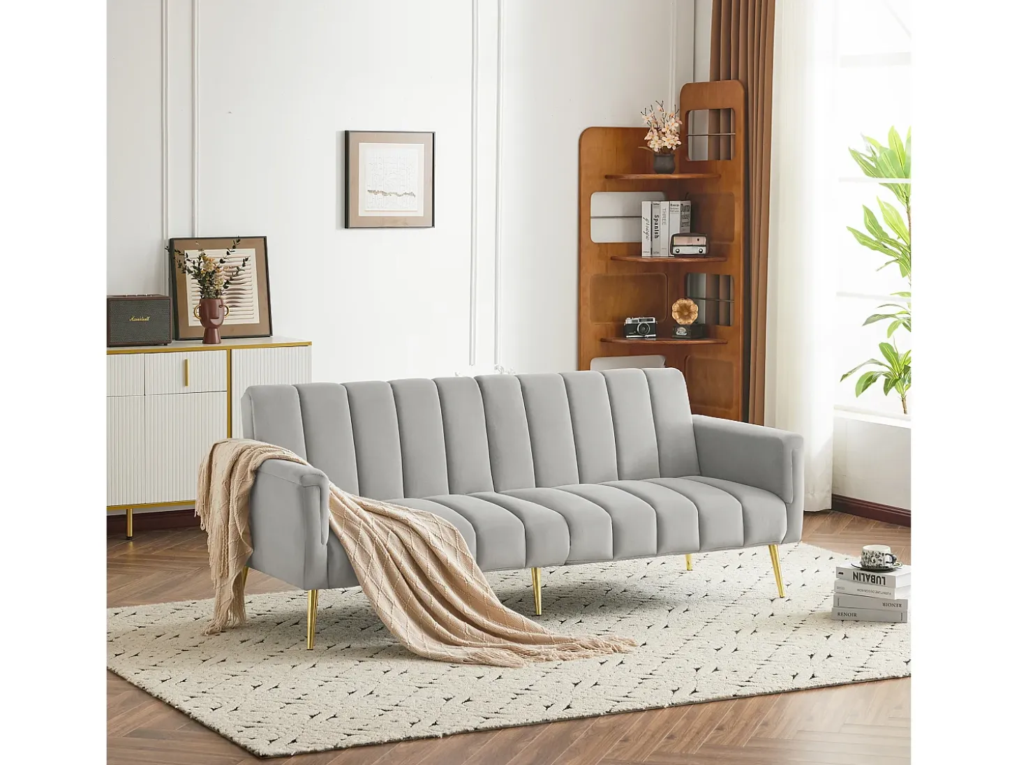 Sofá moderno de terciopelo gris con respaldo y reposabrazos ajustables – para salón, dormitorio o cine en casa