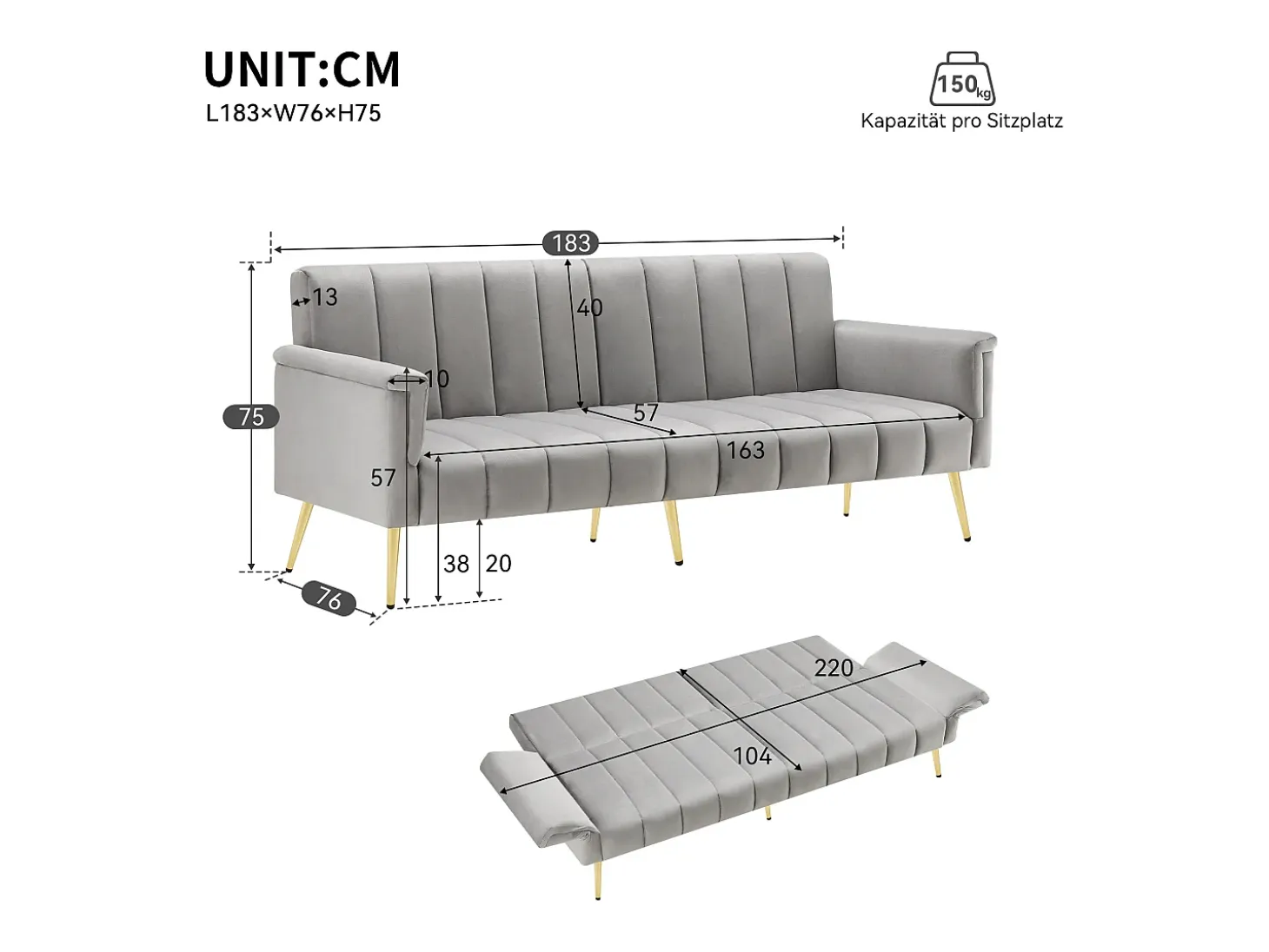 Sofá moderno de terciopelo gris con respaldo y reposabrazos ajustables – para salón, dormitorio o cine en casa