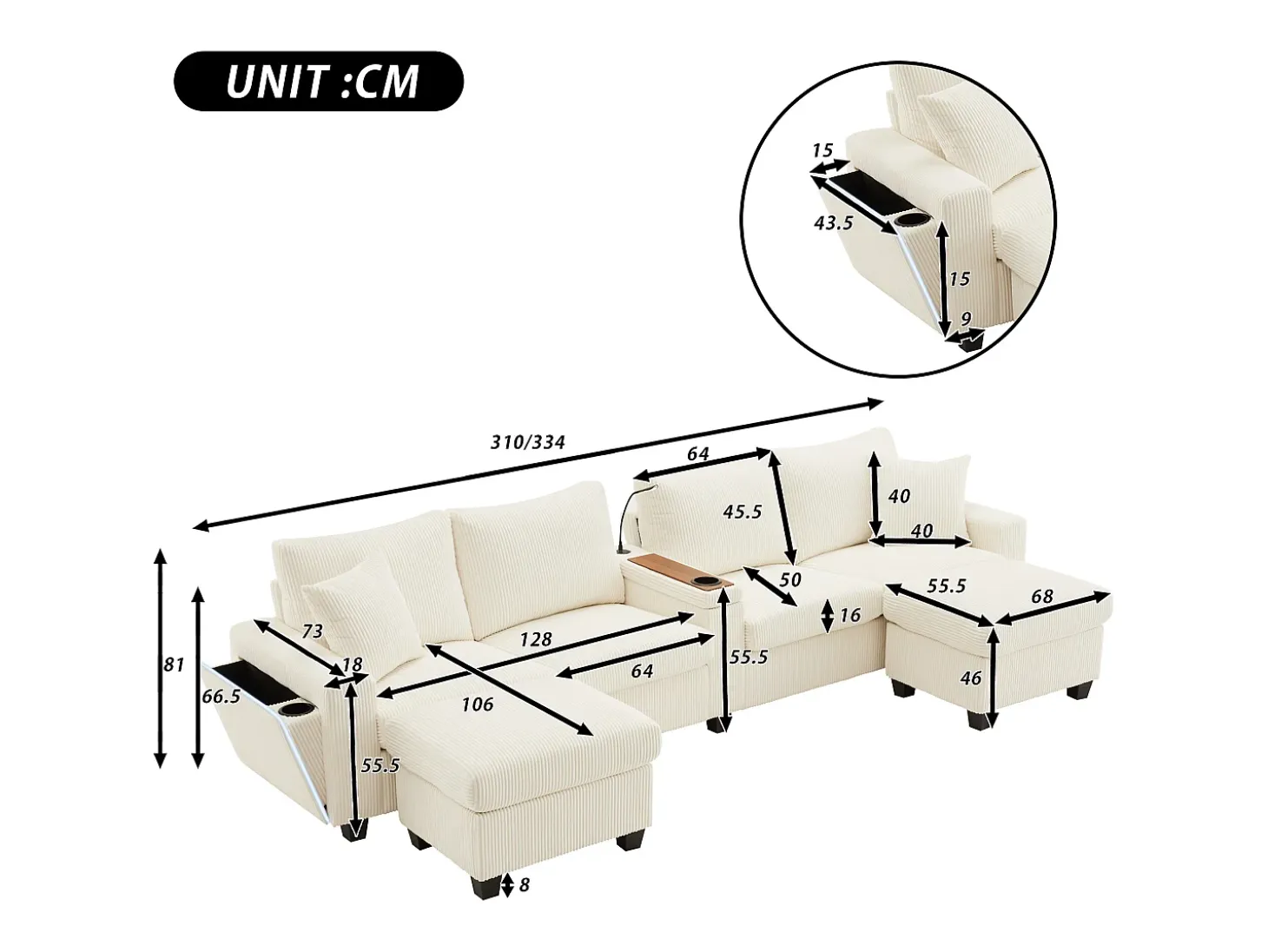 Sofá moderno en forma de U - con USB, Type-C y lámpara de lectura - con luces LED en la puerta - con portavasos y 2 reposapiés - pana acanalada - Beige