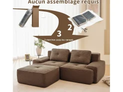 Sofá Modular 2 plazas en Pana, con otomana y 2 cojines, 204x177x69cm, Marrón