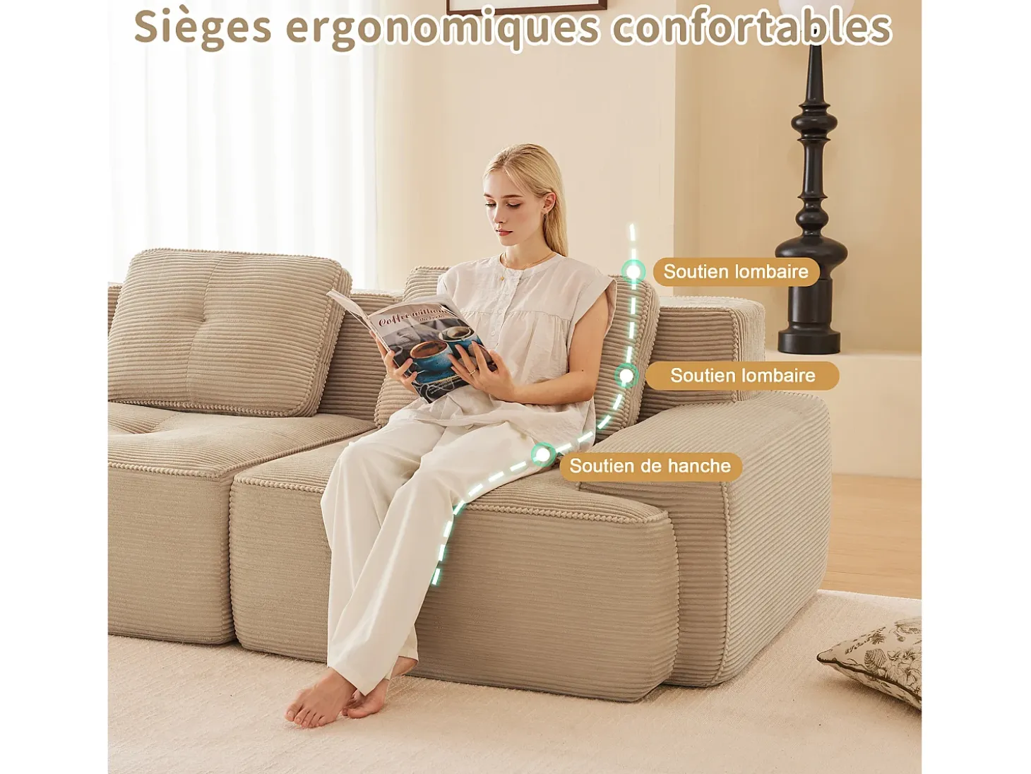 Sofá Modular 4 plazas en Pana, con 4 cojines, 382x104x69cm, Beige