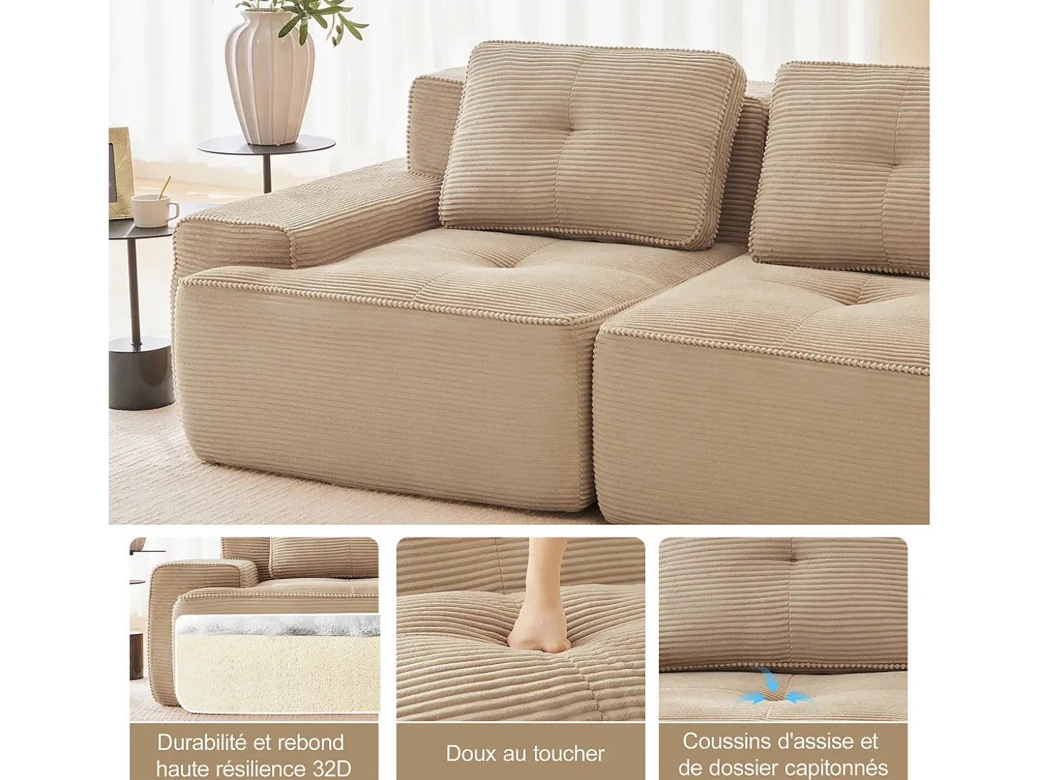 Sofá Modular 4 plazas en Pana, con 4 cojines, 382x104x69cm, Beige