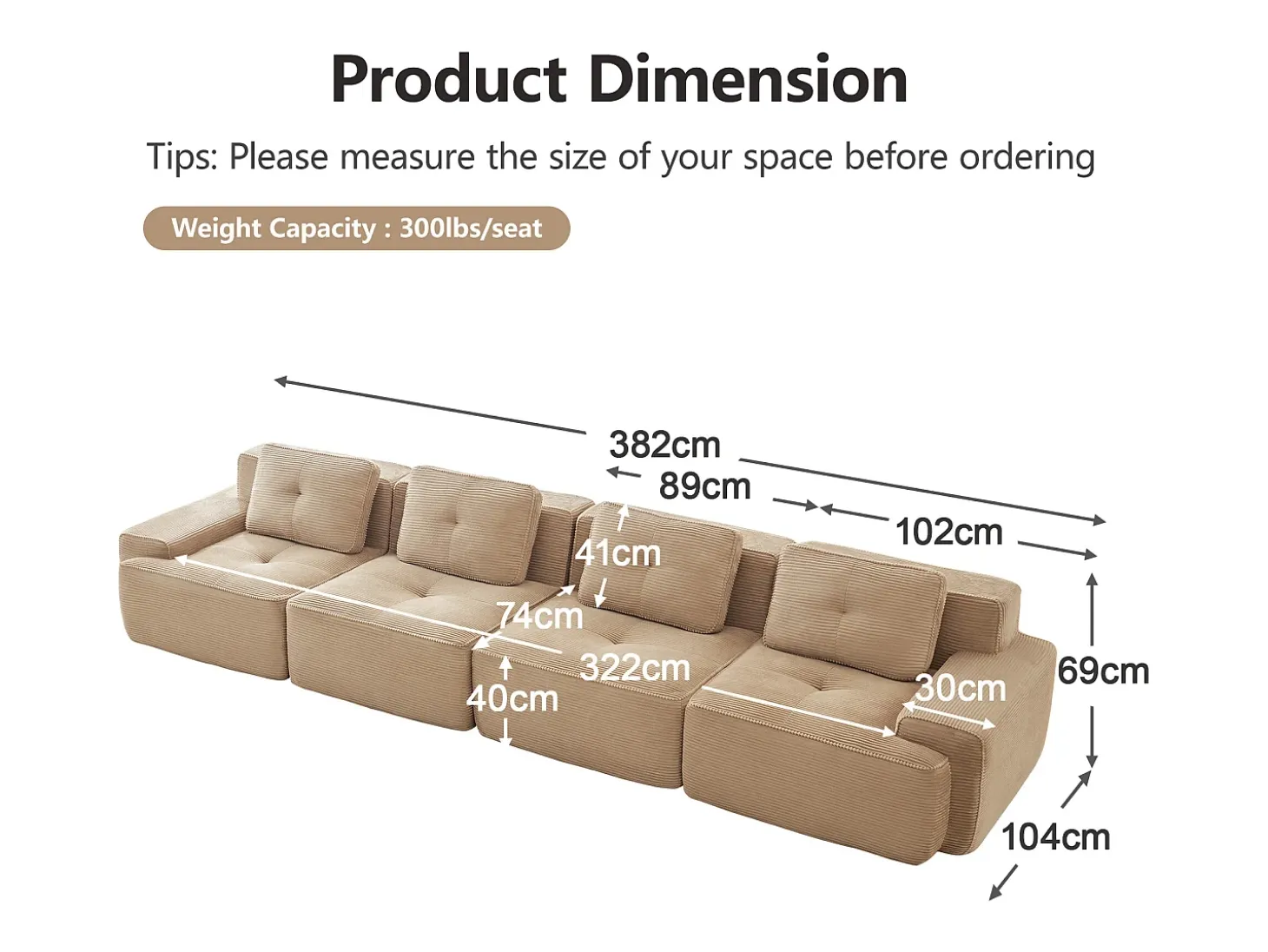 Sofá Modular 4 plazas en Pana, con 4 cojines, 382x104x69cm, Beige