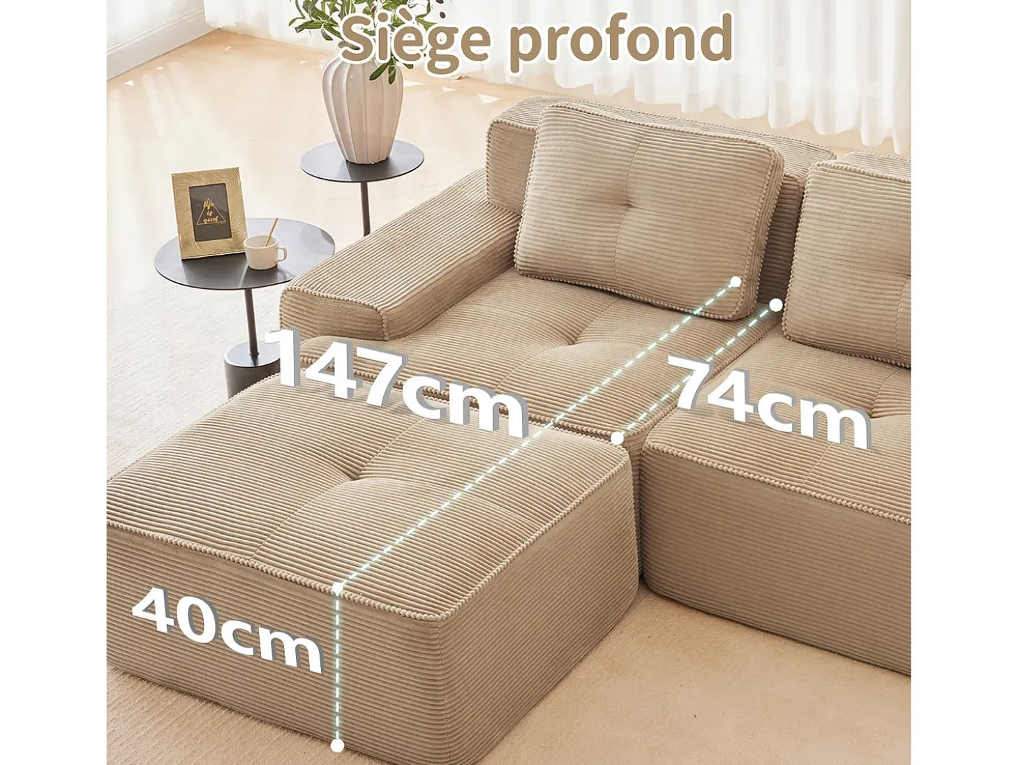 Sofá Modular 4 plazas en Pana, con 4 cojines, 382x104x69cm, Beige