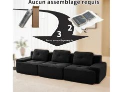 Sofá Modular 3 plazas en Pana, con 3 cojines, 74cm asiento extra profundo, 293x104x69cm, Negro