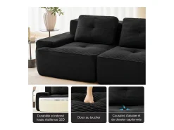 Sofá Modular 3 plazas en Pana, con 3 cojines, 74cm asiento extra profundo, 293x104x69cm, Negro