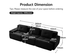 Sofá Modular 3 plazas en Pana, con 3 cojines, 74cm asiento extra profundo, 293x104x69cm, Negro