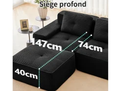 Sofá Modular 3 plazas en Pana, con 3 cojines, 74cm asiento extra profundo, 293x104x69cm, Negro