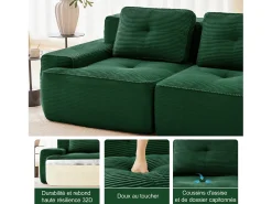 Sofá Modular 2 plazas en Pana, con otomana y 2 cojines, 204x177x69cm, Verde