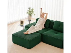Sofá Modular 2 plazas en Pana, con otomana y 2 cojines, 204x177x69cm, Verde