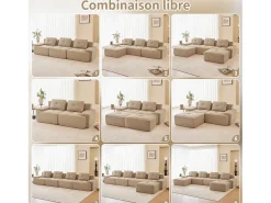 Sofá Modular 4 plazas en Pana, con otomana y 4 cojines, 382x177x69cm, Beige