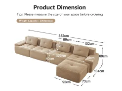 Sofá Modular 4 plazas en Pana, con otomana y 4 cojines, 382x177x69cm, Beige