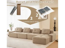 Sofá Modular 4 plazas en Pana, con otomana y 4 cojines, 382x177x69cm, Beige
