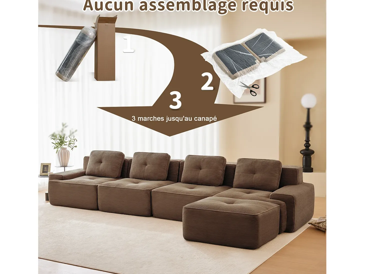 Sofá Modular 4 plazas en Pana, con otomana y 4 cojines, 382x177x69cm, Marrón