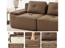 Sofá Modular 4 plazas en Pana, con otomana y 4 cojines, 382x177x69cm, Marrón