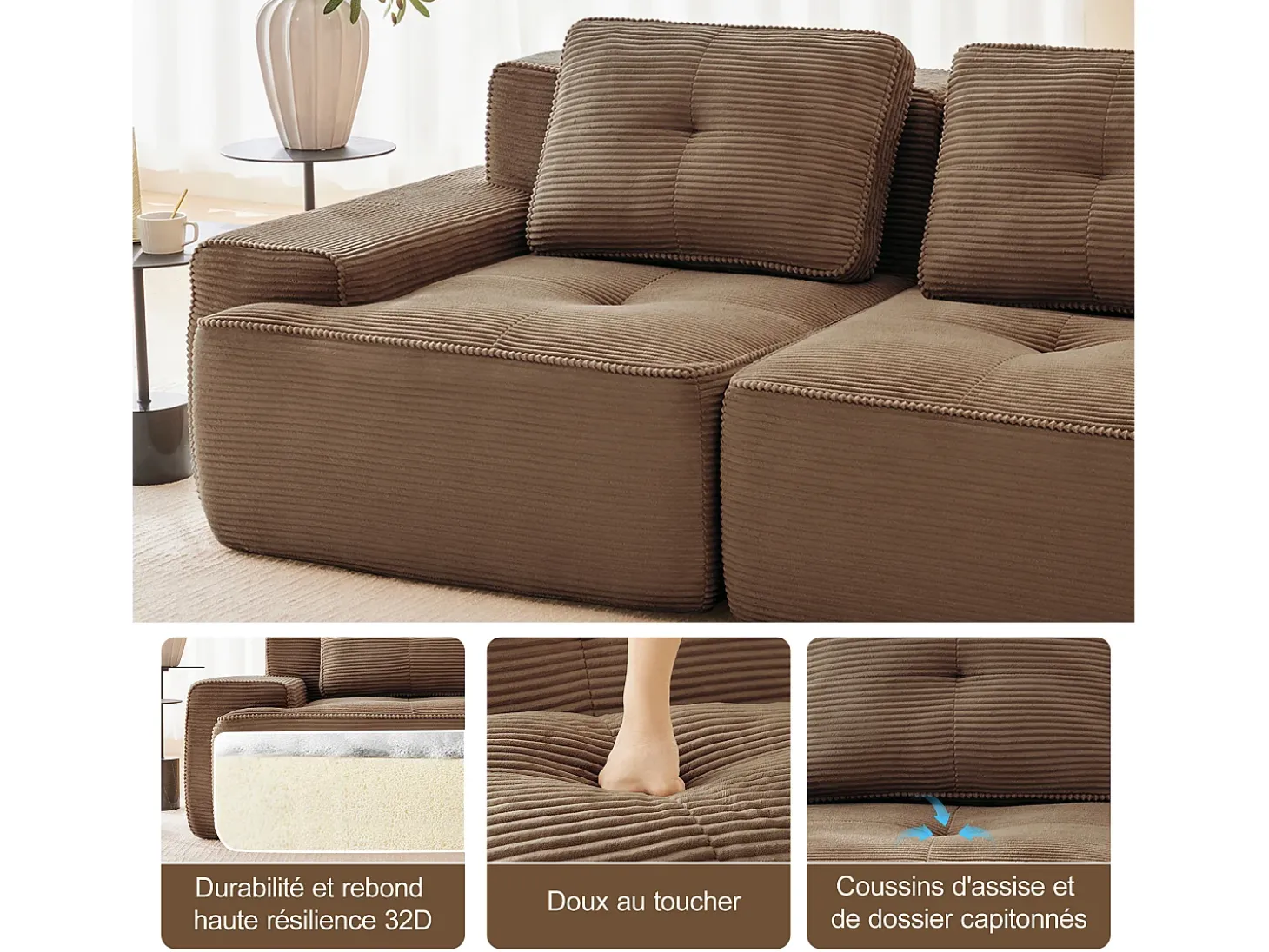 Sofá Modular 4 plazas en Pana, con otomana y 4 cojines, 382x177x69cm, Marrón