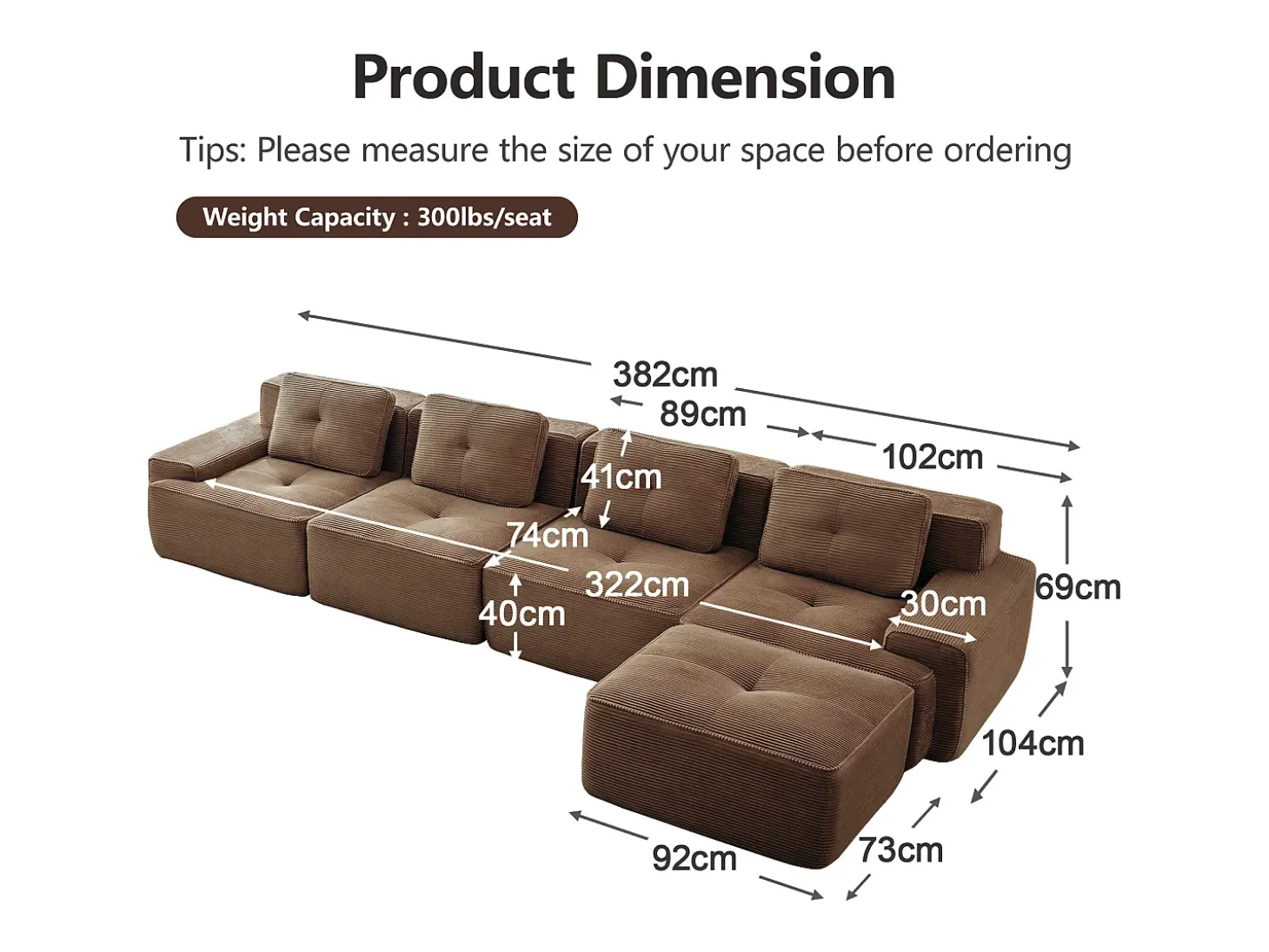 Sofá Modular 4 plazas en Pana, con otomana y 4 cojines, 382x177x69cm, Marrón
