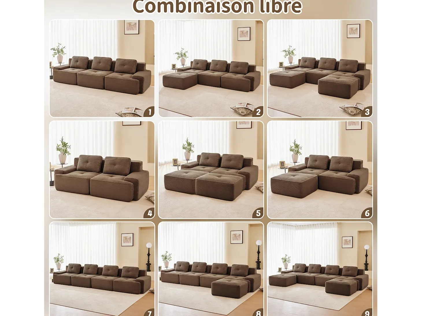 Sofá Modular 4 plazas en Pana, con otomana y 4 cojines, 382x177x69cm, Marrón