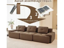 Sofá Modular 3 plazas en Pana, con 3 cojines, 74cm asiento extra profundo, 293x104x69cm, Marrón