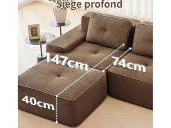 Sofá Modular 3 plazas en Pana, con 3 cojines, 74cm asiento extra profundo, 293x104x69cm, Marrón