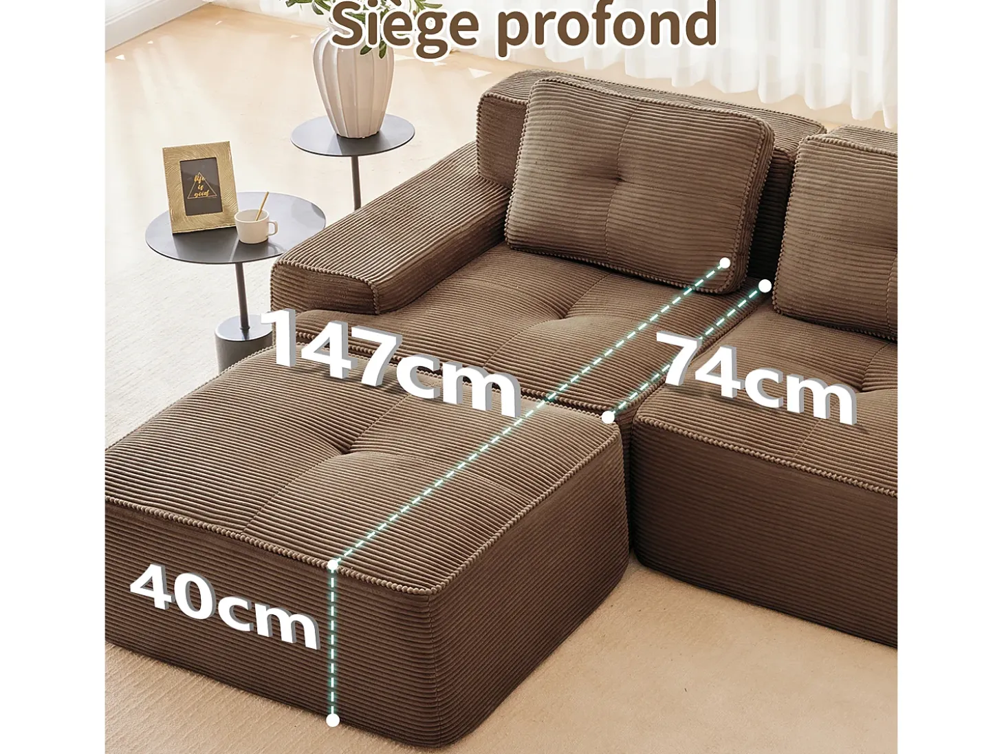 Sofá Modular 3 plazas en Pana, con 3 cojines, 74cm asiento extra profundo, 293x104x69cm, Marrón