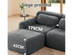Sofá Modular 3 plazas en tela peluche, con 3 cojines, sin estructura, 291x104x73cm, Gris