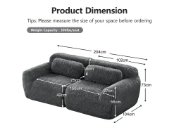 Sofá Modular 2 plazas en tela peluche, con 2 cojines, asiento extra profundo 75cm, 204x104x73cm, Gris
