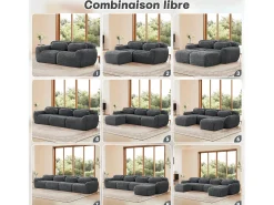 Sofá Modular 2 plazas en tela peluche, con 2 cojines, asiento extra profundo 75cm, 204x104x73cm, Gris