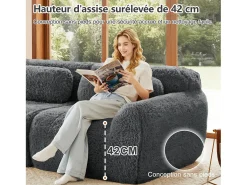 Sofá Modular 2 plazas en tela peluche, con 2 cojines, asiento extra profundo 75cm, 204x104x73cm, Gris