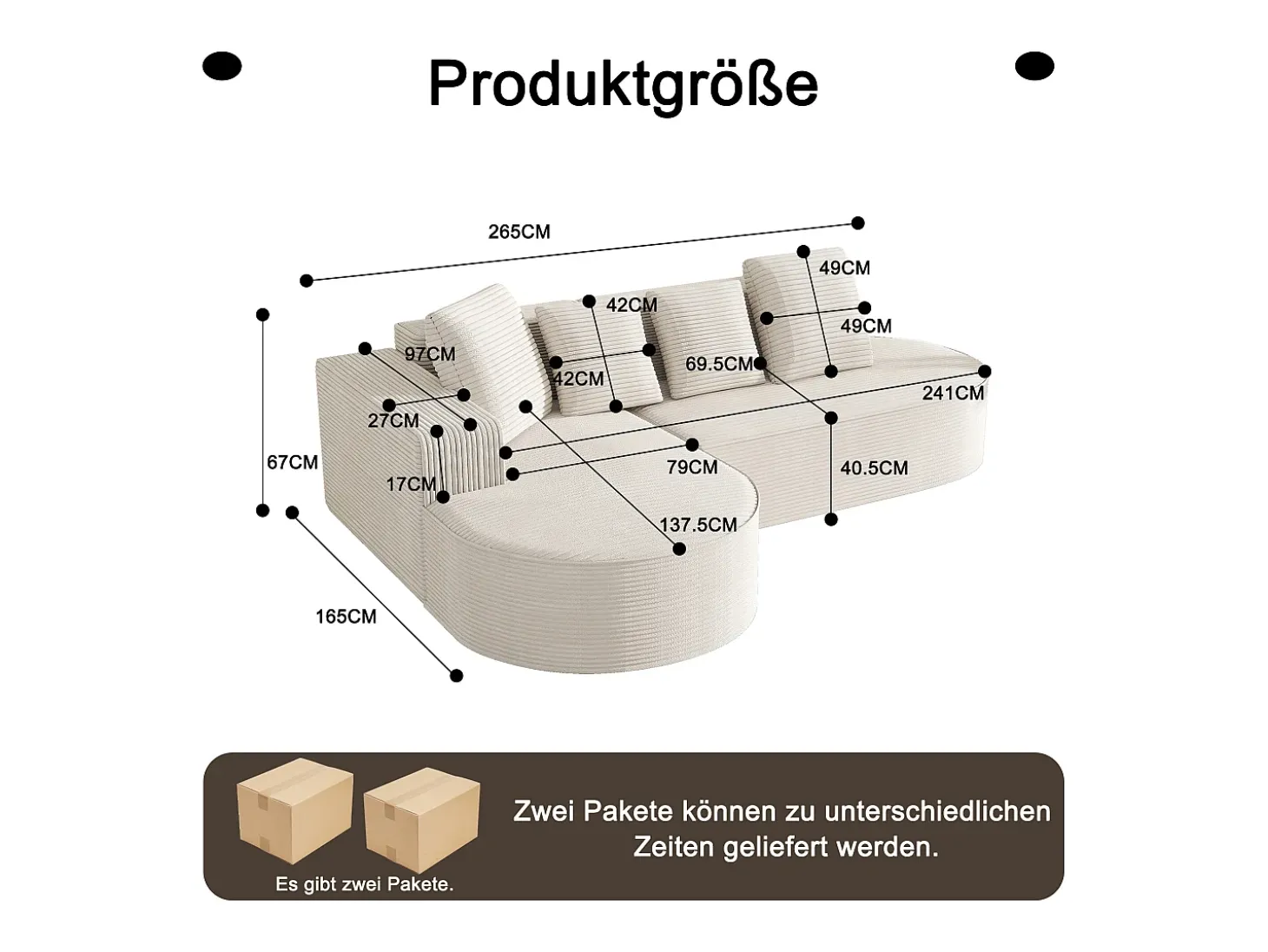 Sofá modular con chaise longue en L, asiento profundo, relleno de espuma comprimida, blanco