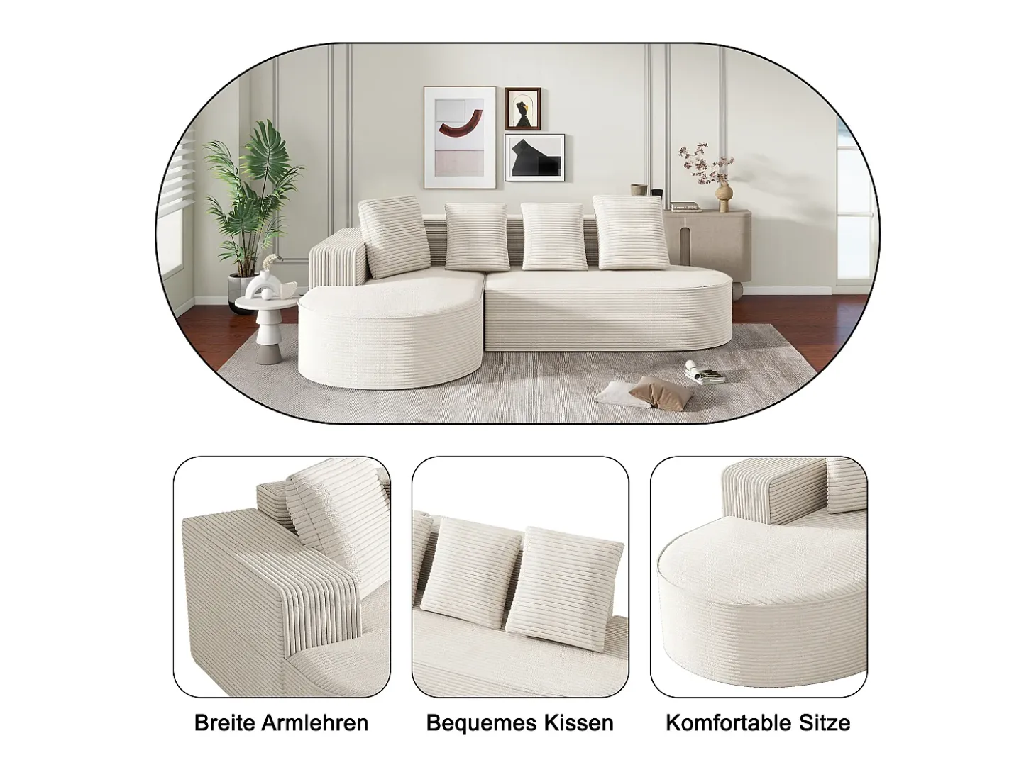 Sofá modular con chaise longue en L, asiento profundo, relleno de espuma comprimida, blanco
