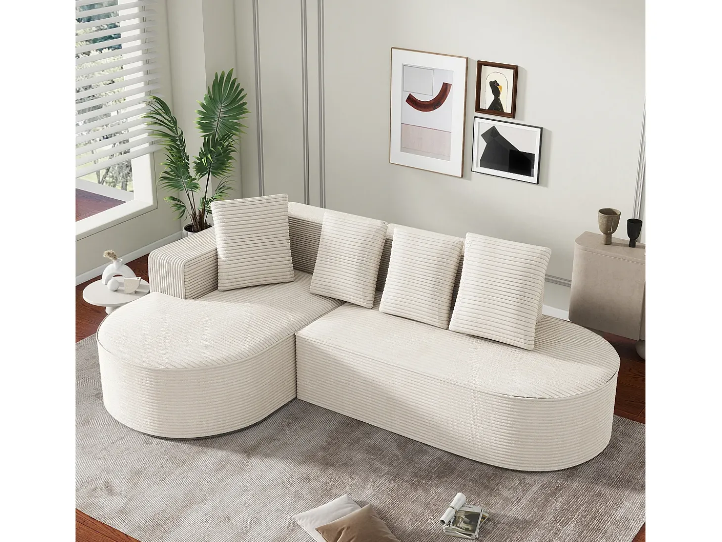 Sofá modular con chaise longue en L, asiento profundo, relleno de espuma comprimida, blanco