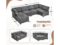 Sofá modular convertible en terciopelo gris - 6 plazas - ergonómico - con bolsillos de almacenamiento - 308x154x82cm