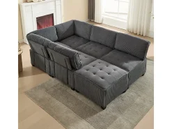 Sofá modular convertible en terciopelo gris - 6 plazas - ergonómico - con bolsillos de almacenamiento - 308x154x82cm