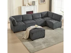 Sofá modular convertible en terciopelo gris - 6 plazas - ergonómico - con bolsillos de almacenamiento - 308x154x82cm