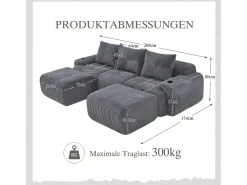Sofá modular de 3 plazas - 268 x 174 x 80 cm - con 2 pufs + portavasos + bolsillo de almacenamiento - terciopelo - gris oscuro