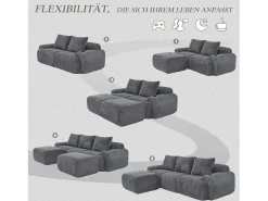 Sofá modular de 3 plazas - 268 x 174 x 80 cm - con 2 pufs + portavasos + bolsillo de almacenamiento - terciopelo - gris oscuro