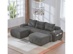 Sofá modular de 3 plazas - 268 x 174 x 80 cm - con 2 pufs + portavasos + bolsillo de almacenamiento - terciopelo - gris oscuro