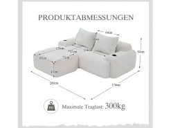 Sofá modular de 2 plazas - 200 x 174 x 80 cm - con 1 otomana + portavasos + bolsillo de almacenamiento - terciopelo - beige