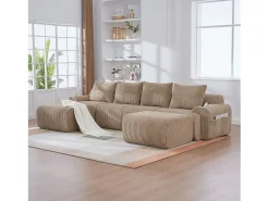 Sofá modular de 4 plazas - 333 x 174 x 80 cm - con 2 pufs + portavasos + bolsillo de almacenamiento - terciopelo - caqui