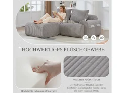 Sofá modular de 2 plazas - 200 x 174 x 80 cm - con 1 otomana + portavasos + bolsillo de almacenamiento - terciopelo - gris claro