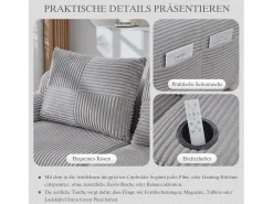 Sofá modular de 2 plazas - 200 x 174 x 80 cm - con 1 otomana + portavasos + bolsillo de almacenamiento - terciopelo - gris claro