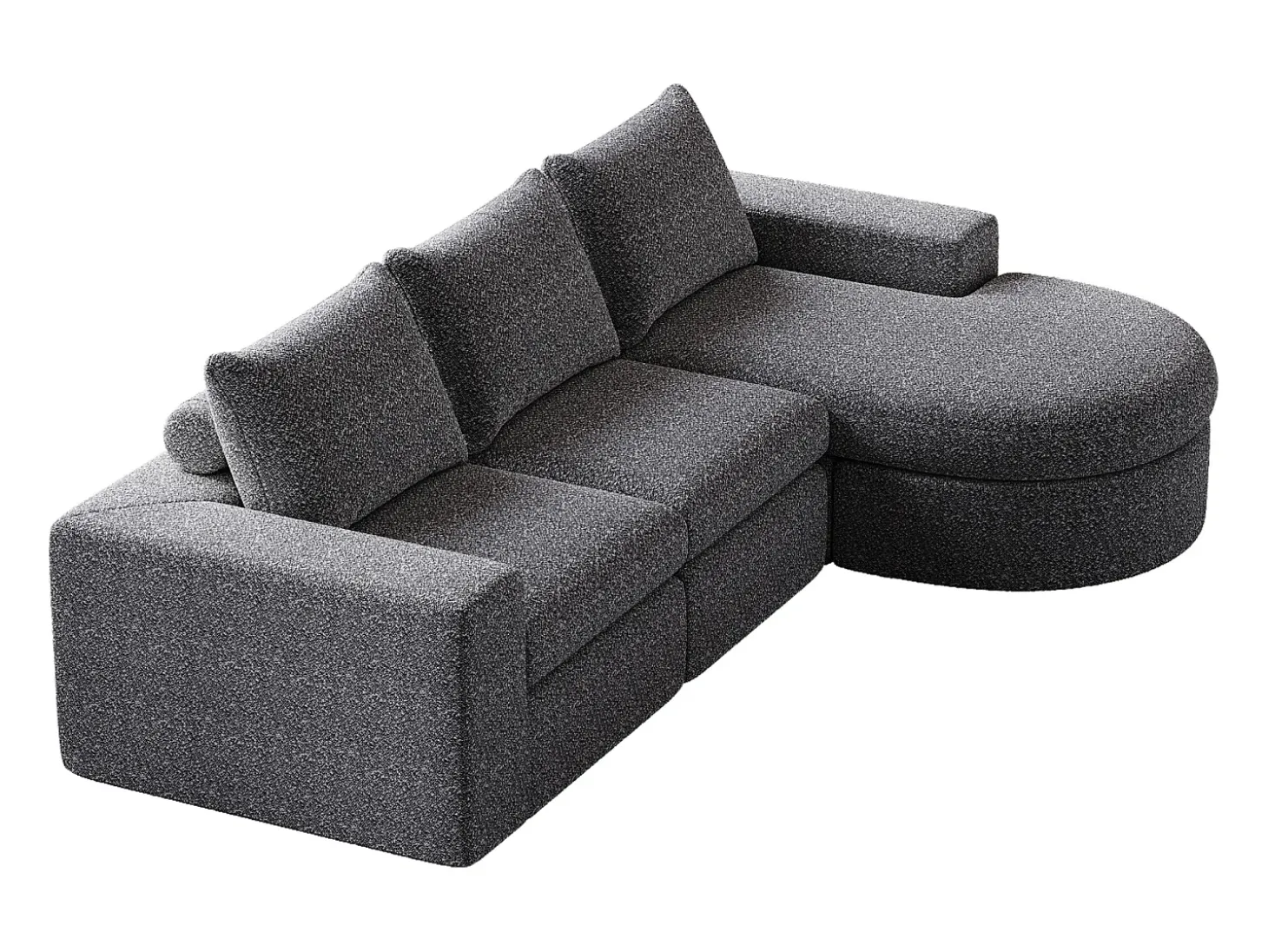 Sofá modular de 3 plazas en tela de chenilla gris con chaise longue redondeada - Respaldo acolchado