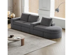 Sofá modular de 3 plazas en tela de chenilla gris con chaise longue redondeada - Respaldo acolchado