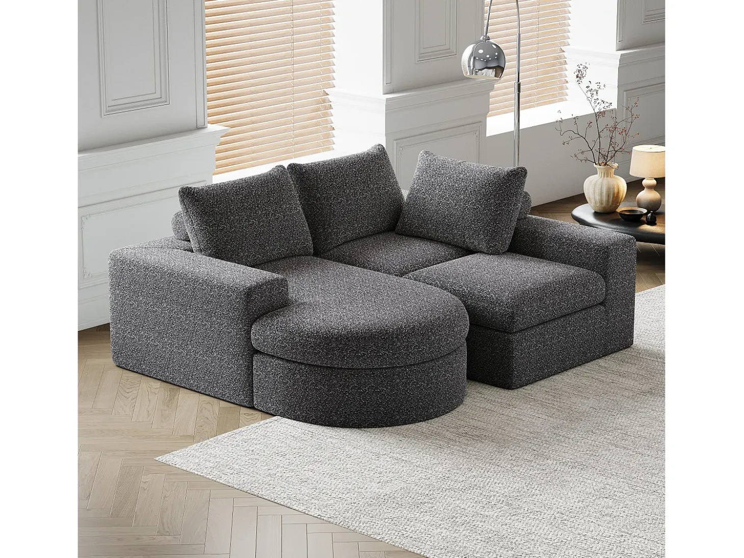 Sofá modular de 3 plazas en tela de chenilla gris con chaise longue redondeada - Respaldo acolchado